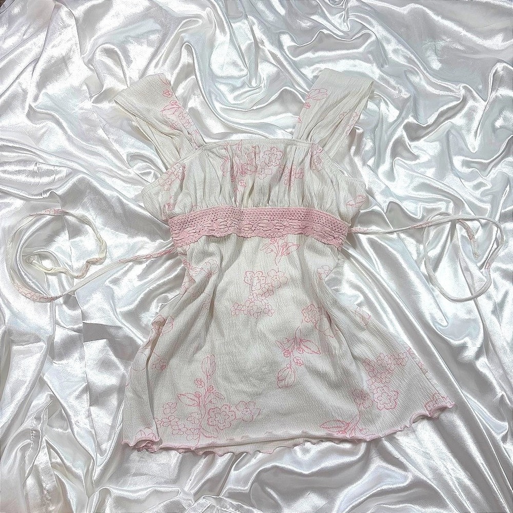y2k Tank Top White Pink Floral Crochet Lace Milkmaid Deb Camisole L